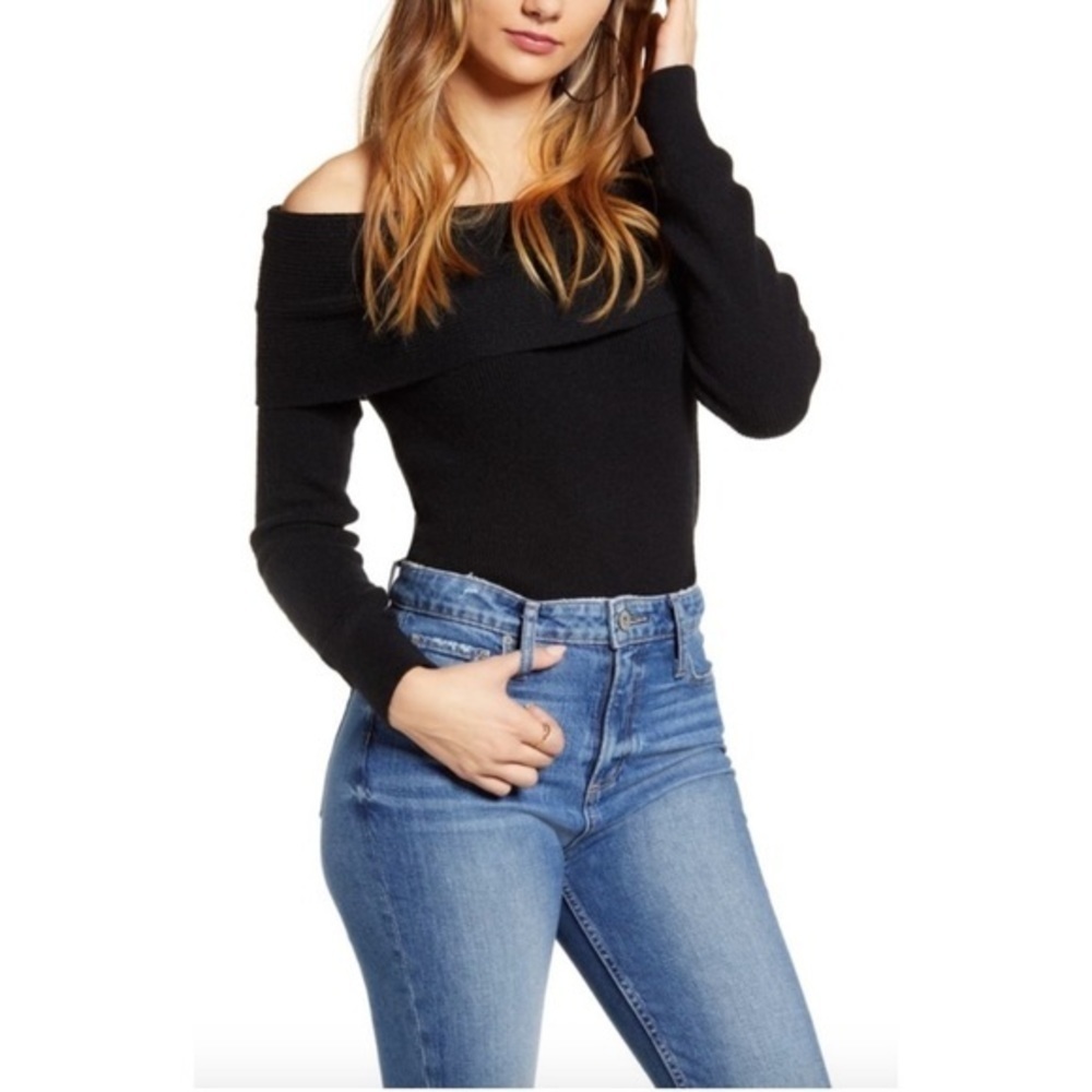 LEITH Cozy Black Off the Shoulder Body Hugging Long Sleeve Knit Sweater